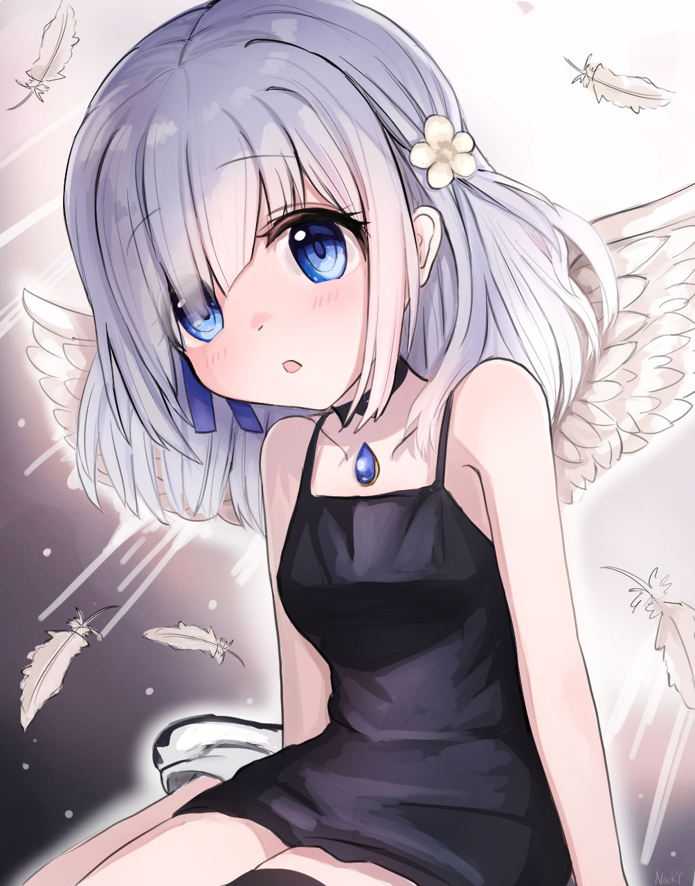1girl, :o, arms_at_sides, bangs, bare_arms, black_choker, black_dress, blue_eyes