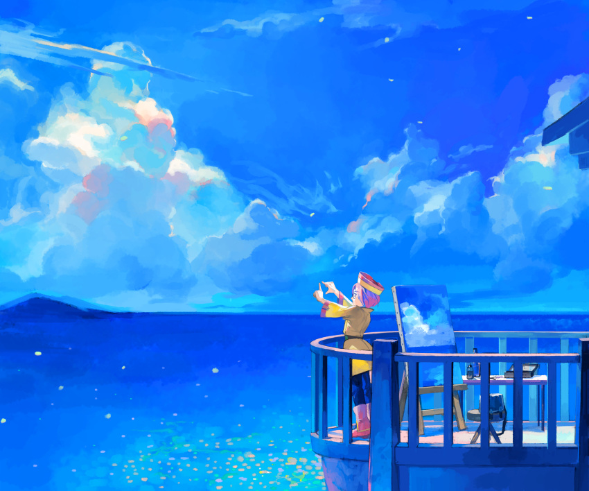 1boy, absurdres, art_supplies, bag, balcony, blue_hair, blue_shorts, blue_sky