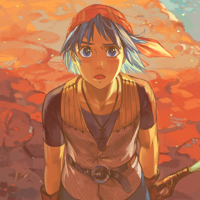 1boy, armor, bandana, belt, black_shirt, blue_eyes, blue_hair, blue_shorts