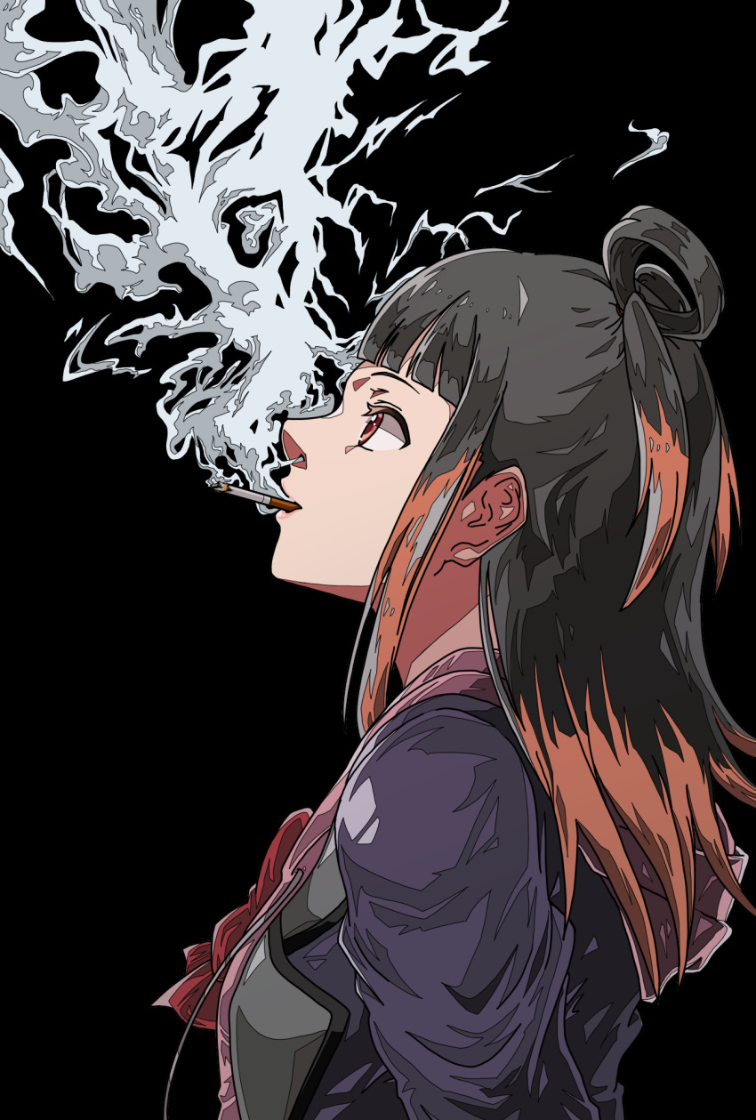 1girl, arms_behind_back, bangs, black_background, black_hair, blue_jacket, blunt_bangs, bow, bowtie, cigarette, colored_tips, drawstring, forest_(4423), from_side, hair_rings, highres, hood, hood_down, hoodie, jacket, lapels, looking_up, magia_record:_mahou_shoujo_madoka_magica_gaiden, mahou_shoujo_madoka_magica, medium_hair, multicolored_hair, ooba_juri, orange_hair, pink_hoodie, profile, red_bow, red_bowtie, red_eyes, ryuugasaki_academy_school_uniform, school_uniform, sidelocks, simple_background, smoke, smoke_from_mouth, smoke_from_nose, smoking, solo, two-tone_hair, upper_body