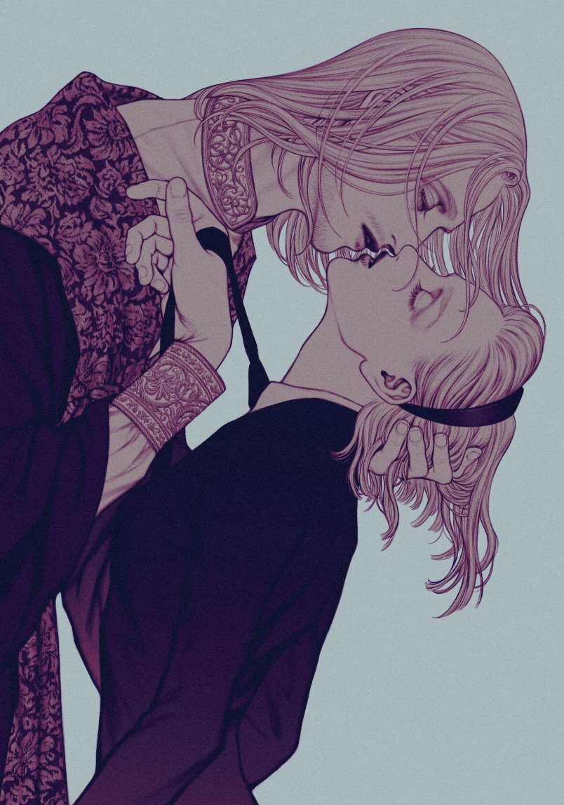 1boy, 1girl, bella_scottland, bob_cut, collared_shirt, couple, embroidery, eyelashes, face-to-face, facial_hair, floral_print, formal, from_side, hair_over_face, hair_slicked_back, hand_in_another's_hair, hand_on_another's_head, hand_up, hetero, hunter_x_hunter, imminent_kiss, jacket, lipstick, makeup, monochrome, necktie, necktie_grab, neckwear_grab, parted_lips, profile, shirt, short_hair, simple_background, straight_hair, stubble, suit, theta_(hunter_x_hunter), tserriednich_hui_guo_rou, upper_body