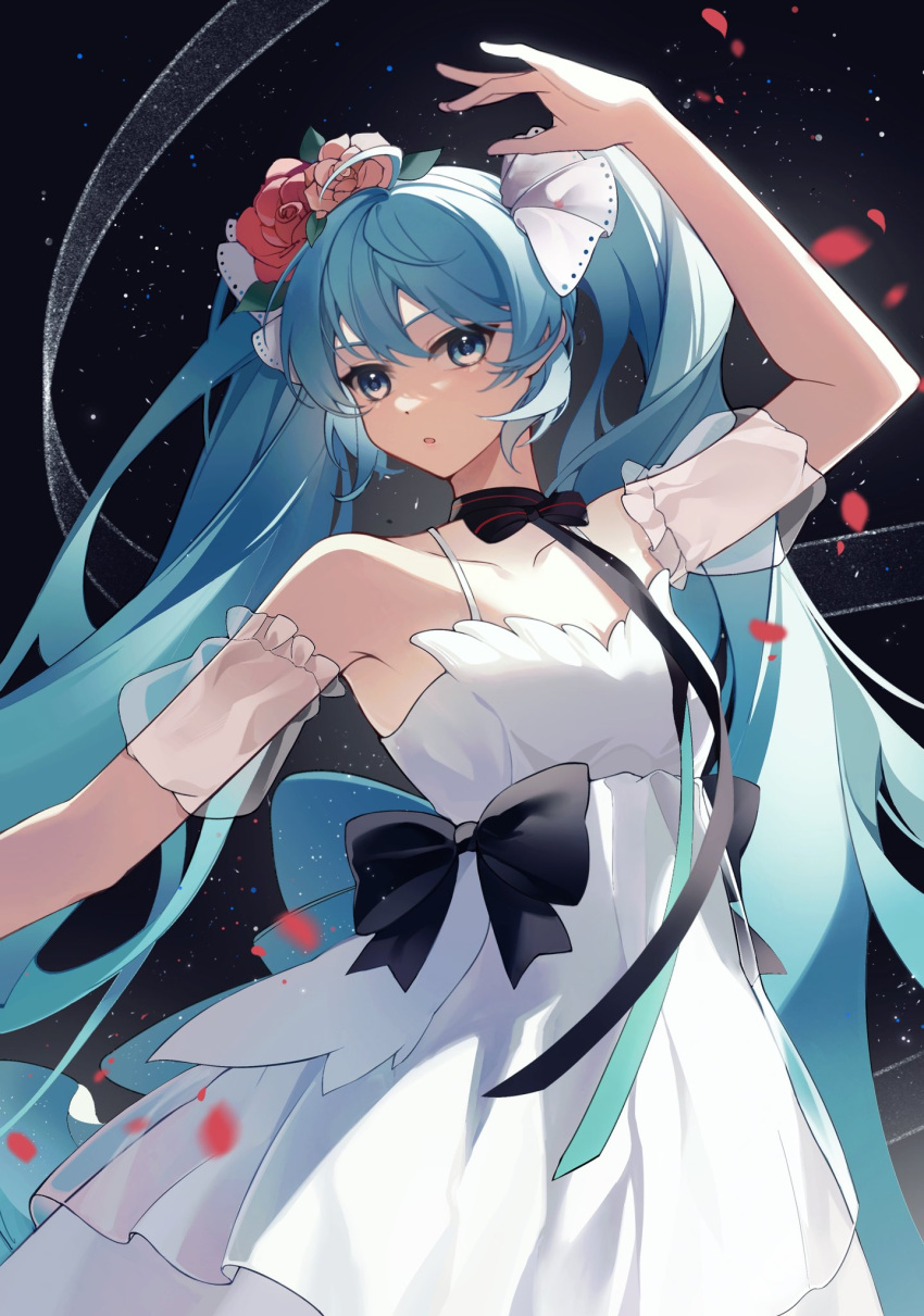 1girl, aqua_eyes, aqua_hair, arm_up, bangs, bare_shoulders, black_background, black_bow