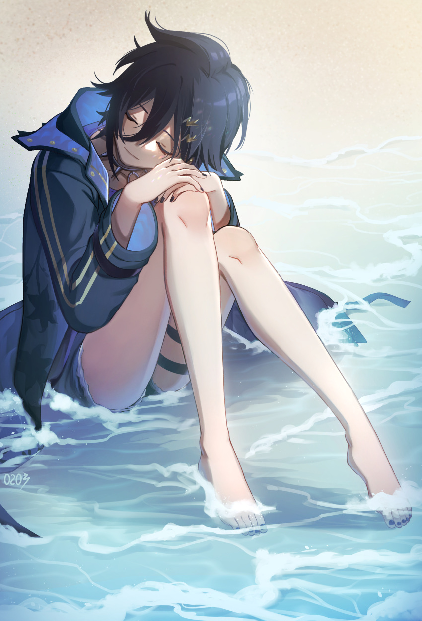 1boy, absurdres, beach, black_hair, black_jacket, black_nails, closed_eyes, collar