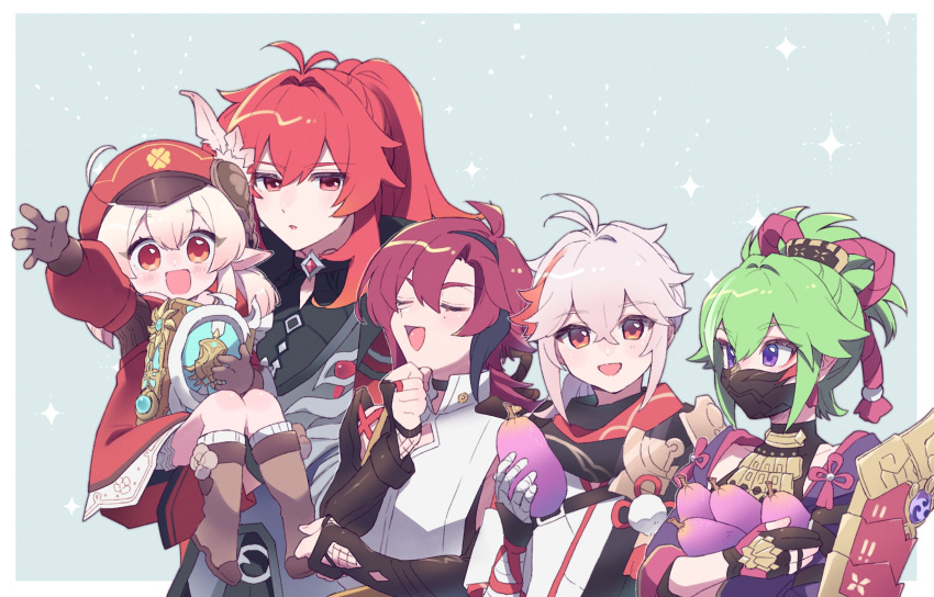 2girls, 3boys, ahoge, antenna_hair, armor, bandaged_hand, bandages, bangs