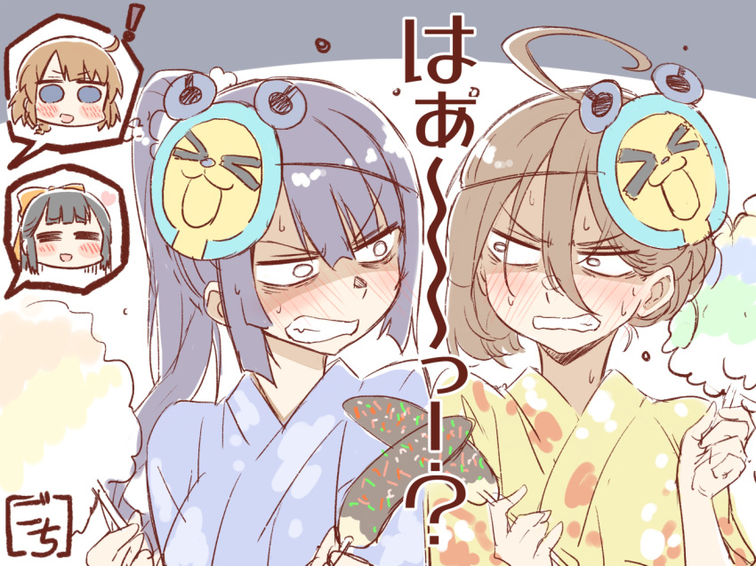 !, 4girls, :d, =_=, ahoge, alternate_hairstyle, angry, artist_name, assault_lily, bangs, black_hair, blue_eyes, blue_kimono, blunt_bangs, blush, bow, brown_hair, charmy_(assault_lily), chibi, clenched_teeth, closed_eyes, commentary_request, constricted_pupils, cotton_candy, eye_contact, floral_print, flying_sweatdrops, food, funada_kiito, futagawa_fumi, gochisousama_(tanin050), grey_background, hair_between_eyes, hair_bow, hair_bun, hands_up, high_ponytail, holding, holding_food, japanese_clothes, kawamura_yuzuriha, kimono, long_bangs, long_hair, looking_at_another, looking_to_the_side, mask, mask_on_head, multiple_girls, no_pupils, nose_blush, open_mouth, orange_bow, ponytail, print_kimono, purple_hair, raised_eyebrows, shaded_face, short_hair, side-by-side, sideways_glance, single_hair_bun, smile, speech_bubble, spoken_character, sweat, teeth, translated, tsukioka_momiji, two-tone_background, upper_body, v-shaped_eyebrows, wavy_mouth, white_background, yellow_kimono