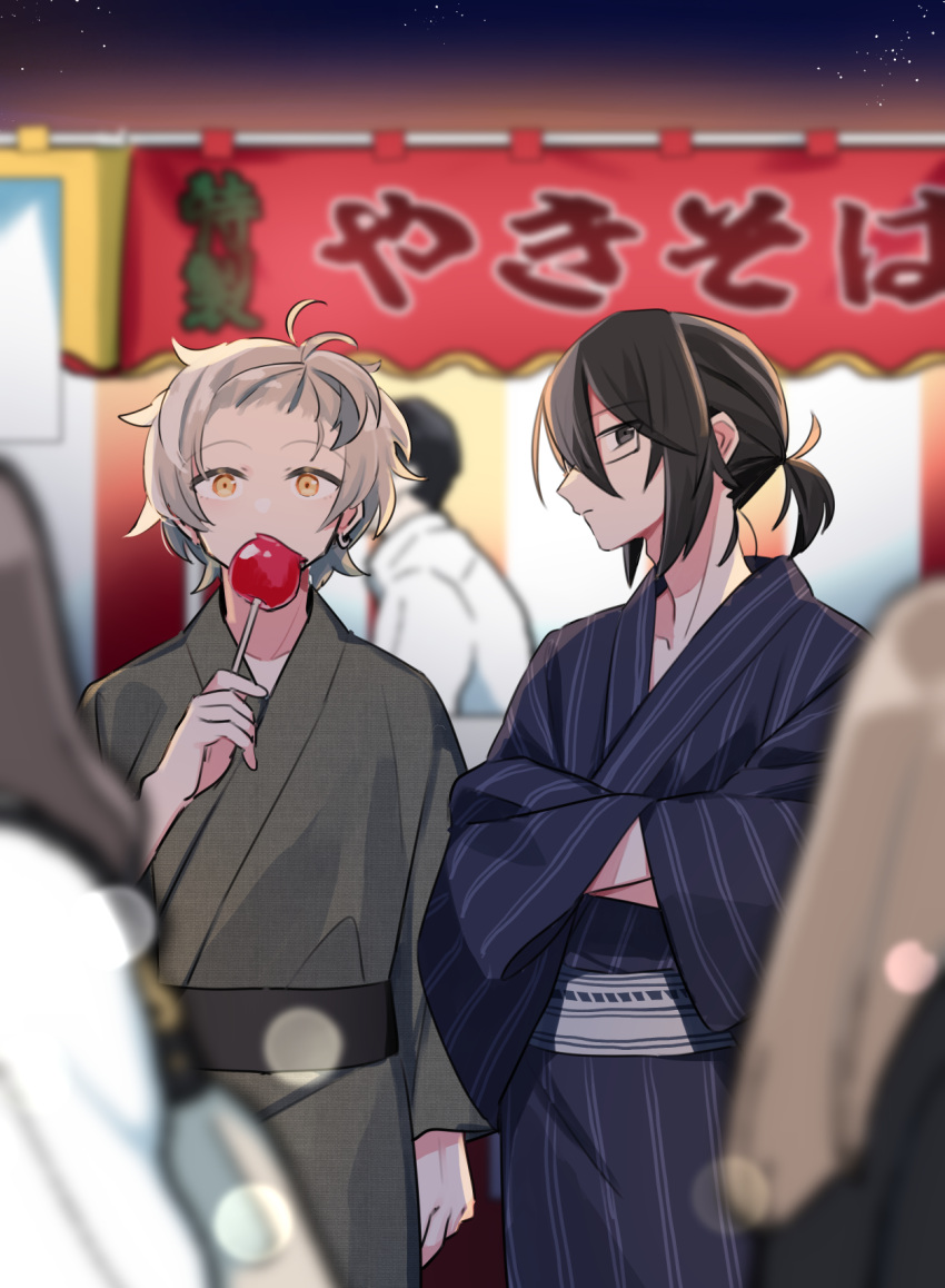 2boys, black_eyes, black_hair, candy_apple, facing_to_the_side, festival, food, glasses
