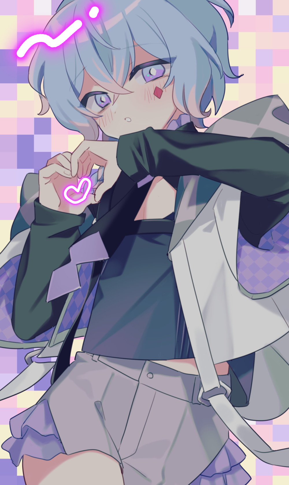 1boy, androgynous, blue_hair, diamond_(shape), facial_mark, heart, heart_hands, highres