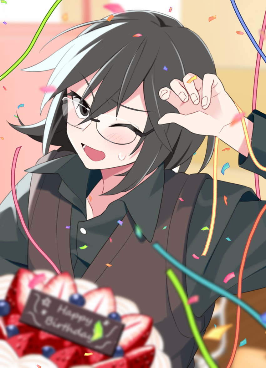 1boy, black_eyes, black_hair, black_shirt, blush, cake, collared_shirt, confetti