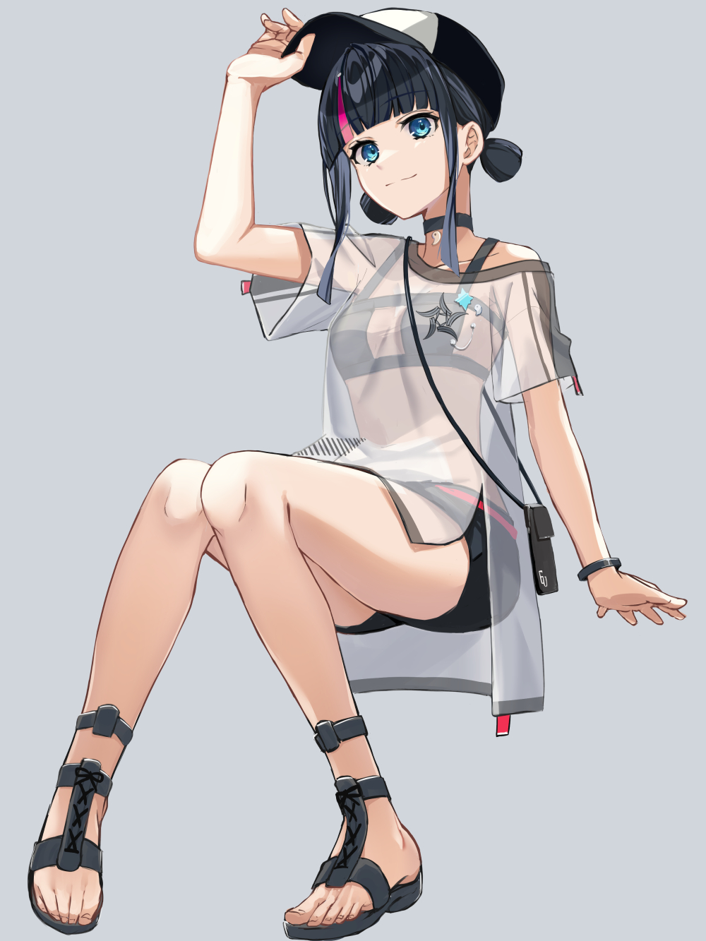 1girl, baseball_cap, bikini, bikini_under_clothes, black_bikini, black_hair, blue_eyes, fate/grand_order