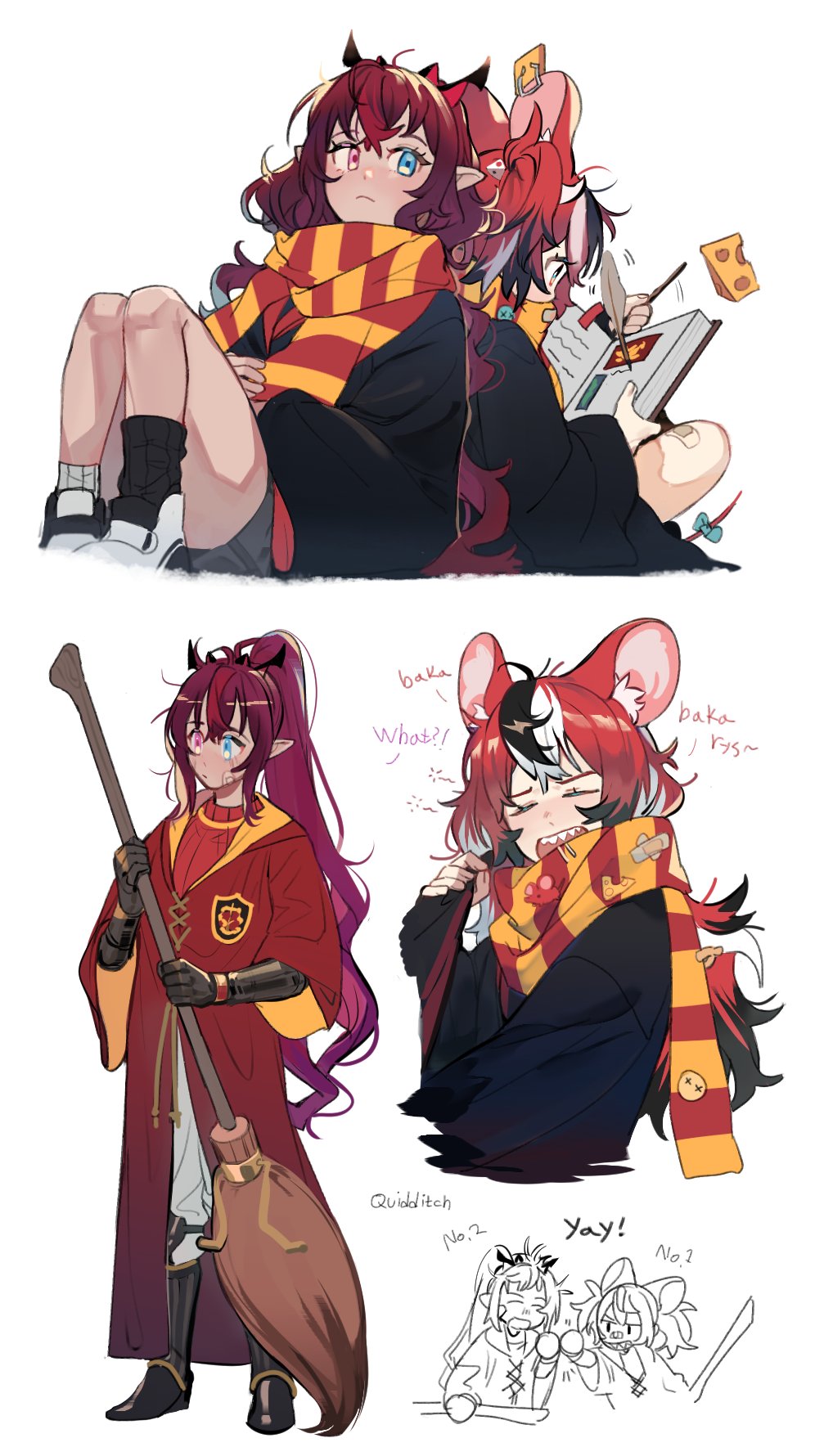 2girls, animal_ears, bandaid, bandaid_on_face, black_hair, blue_eyes, book, broom