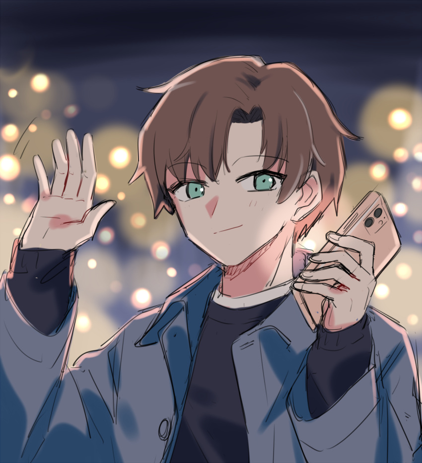 1boy, blue_background, blue_eyes, blush, brown_hair, highres, jacket, jiitarou