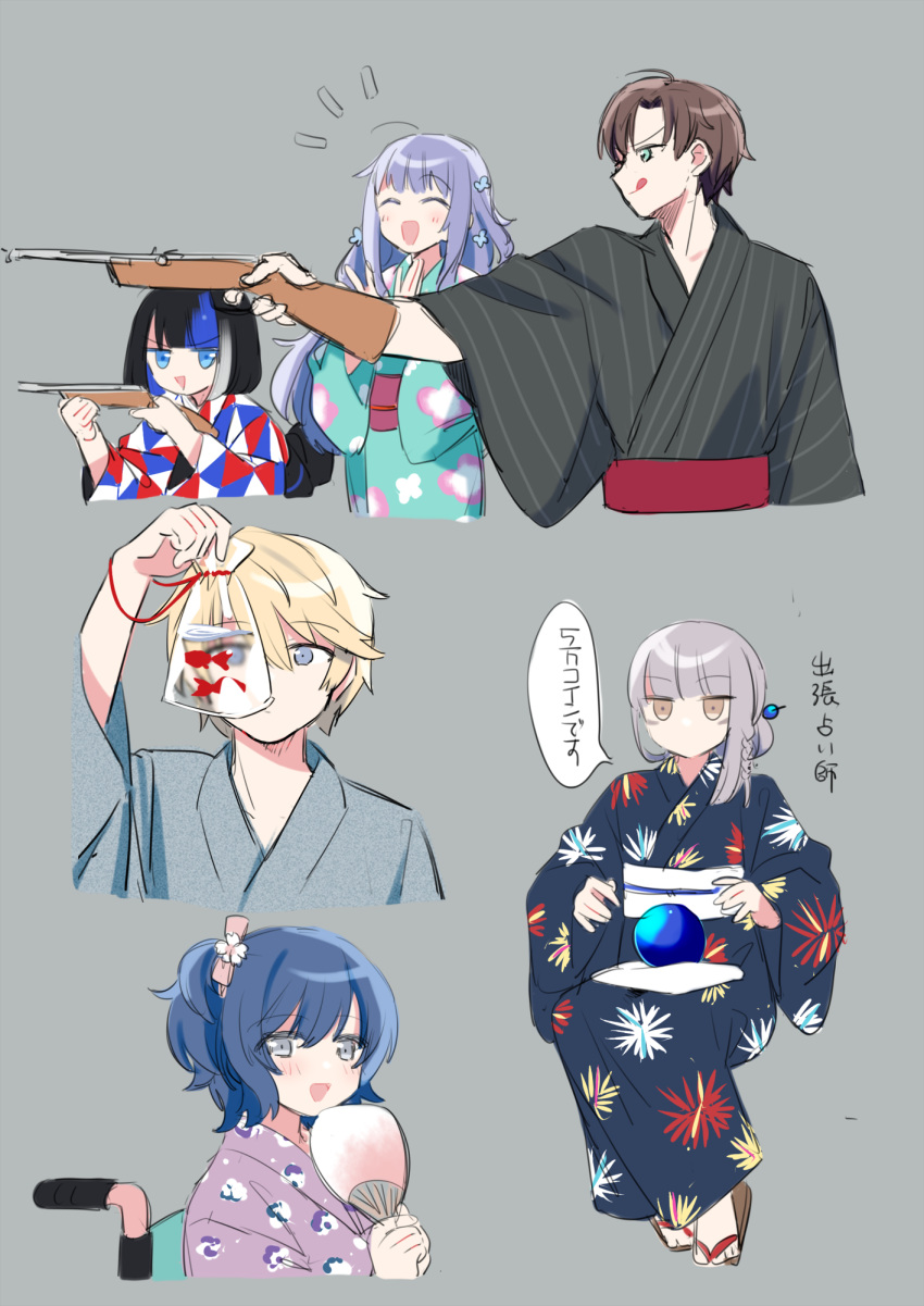 2boys, 4girls, ahoge, akechi_hideki, bag, black_hair, blonde_hair, blue_eyes