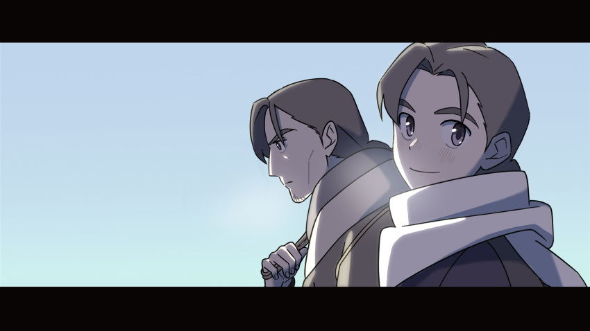 2boys, alec's_father_(pokemon), alec_(pokemon), asaka_(tokinobanken), blush, brown_hair, closed_mouth, commentary_request, day, facial_hair, father_and_son, from_side, highres, letterboxed, looking_at_viewer, male_focus, multiple_boys, outdoors, pokemon, pokemon:_hisuian_snow, scarf, short_hair, upper_body
