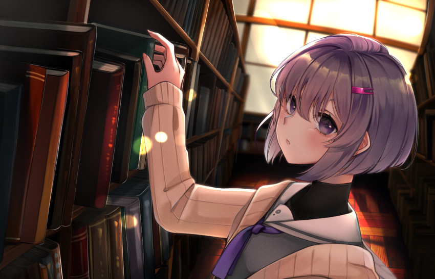 1girl, a.i._voice, alpaca_opo, book, cardigan, commentary, from_side, grey_shirt