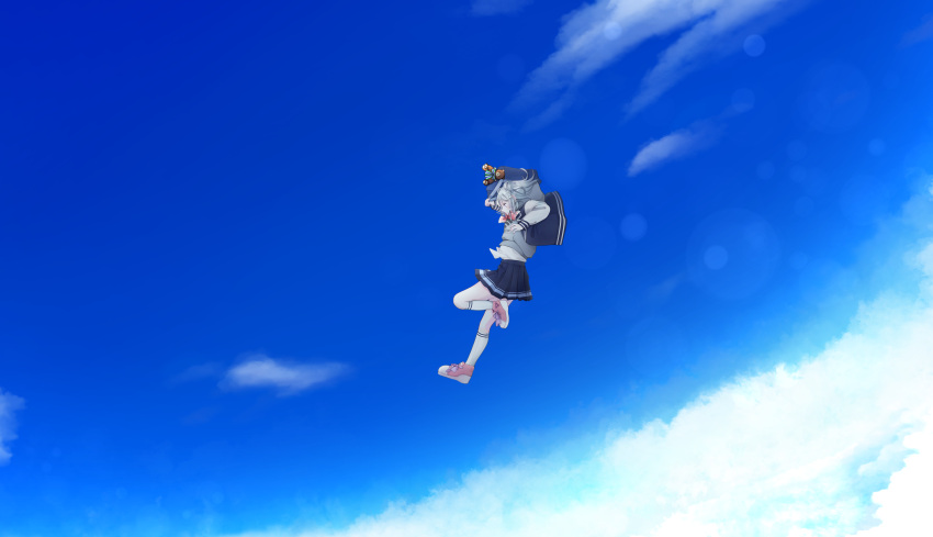 1girl, above_clouds, absurdres, alpaca_opo, ascot, bag, blue_skirt, blue_sky