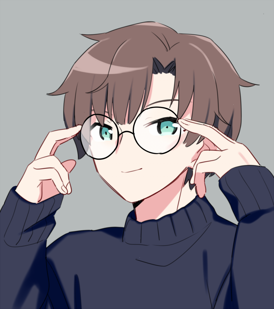 1boy, blue_eyes, brown_hair, closed_mouth, glasses, grey_background, grey_sweater, jiitarou