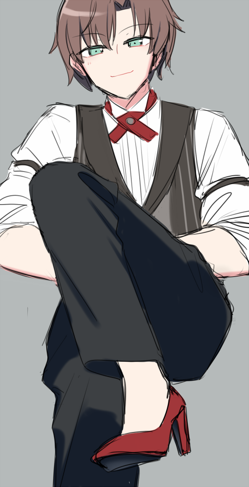 1boy, blue_eyes, bow, bowtie, brown_hair, grey_background, high_heels, jiitarou