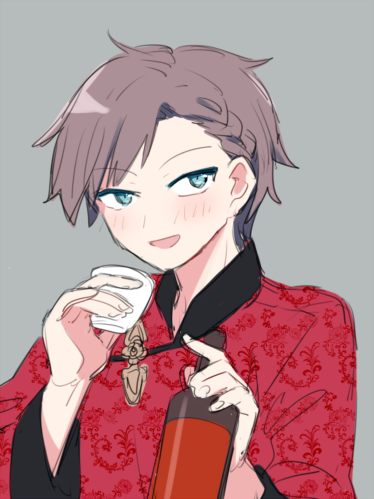 1boy, alcohol, blue_eyes, blush, brown_hair, clothing_request, cup, drunk