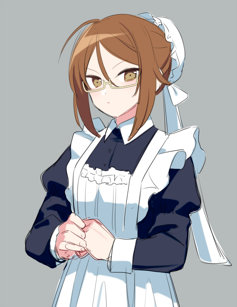1girl, apron, brown_eyes, brown_hair, bun_cover, closed_mouth, glasses, grey_background