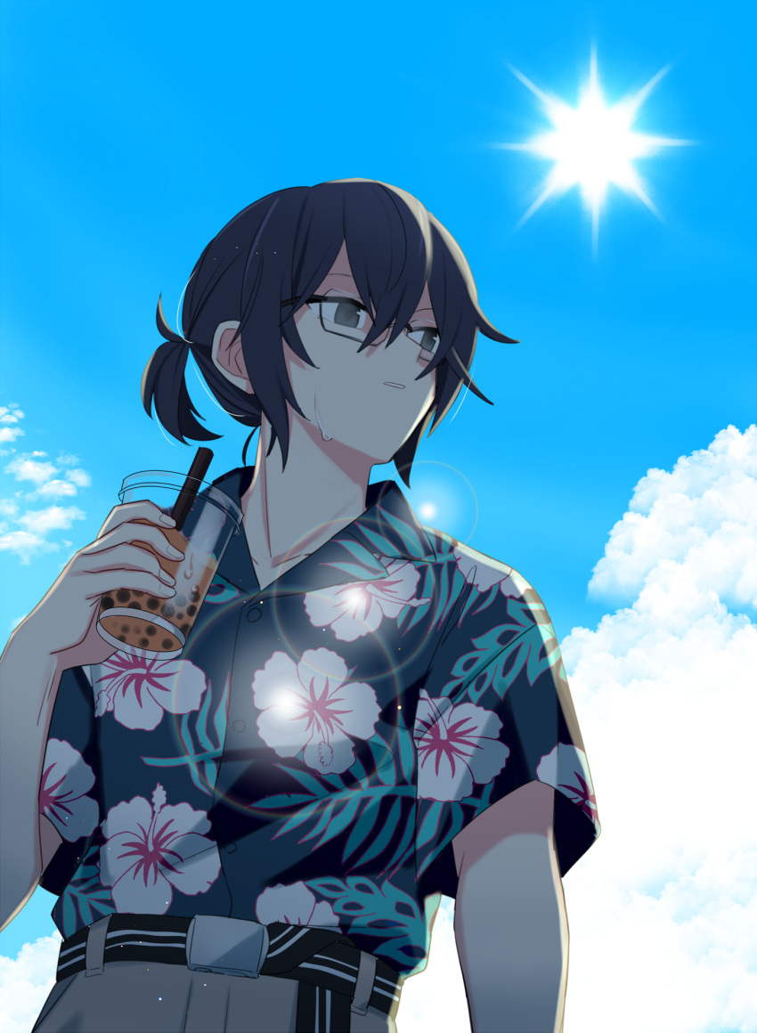 1boy, black_eyes, black_hair, blue_sky, bubble_tea, clouds, cloudy_sky, facing_viewer