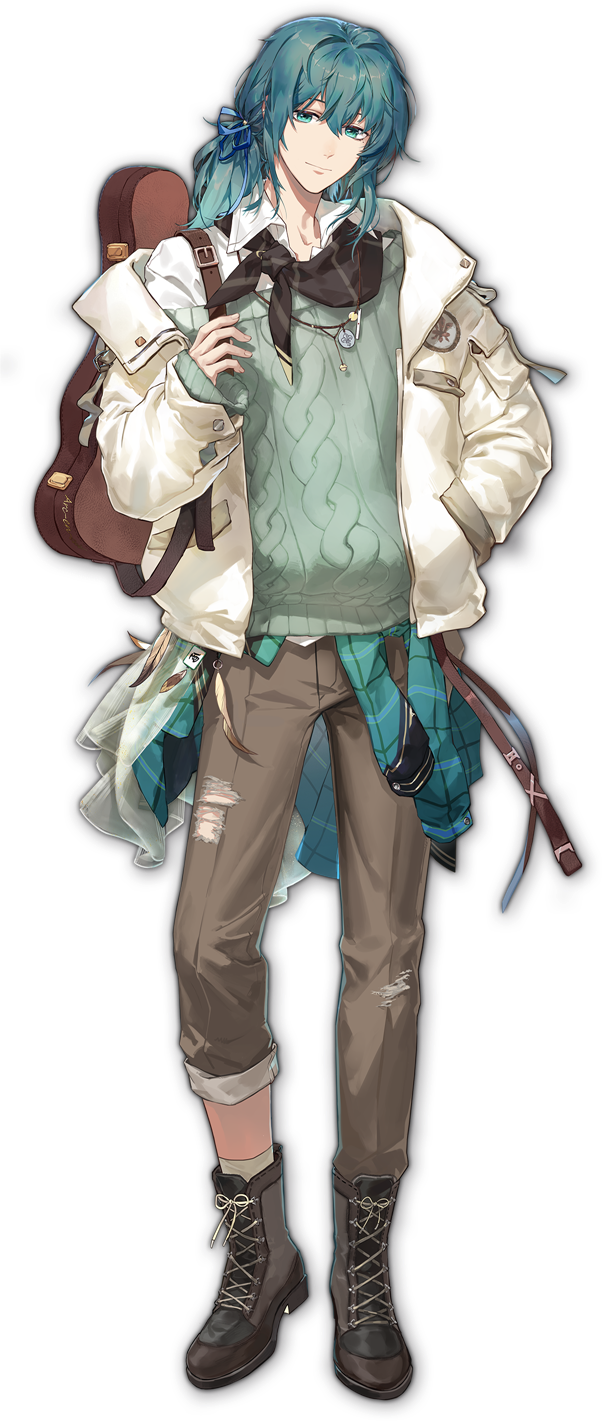 1boy, androgynous, aqua_eyes, asymmetrical_legwear, blue_hair, boots, brown_footwear, collared_shirt, green_sweater_vest, hair_ribbon, highres, jacket, long_hair, long_sleeves, mahjong_soul, male_focus, official_art, pants, ponytail, ribbon, sammir_(mahjong_soul), shirt, solo, sweater_vest, torn_clothes, torn_pants, white_jacket, white_shirt