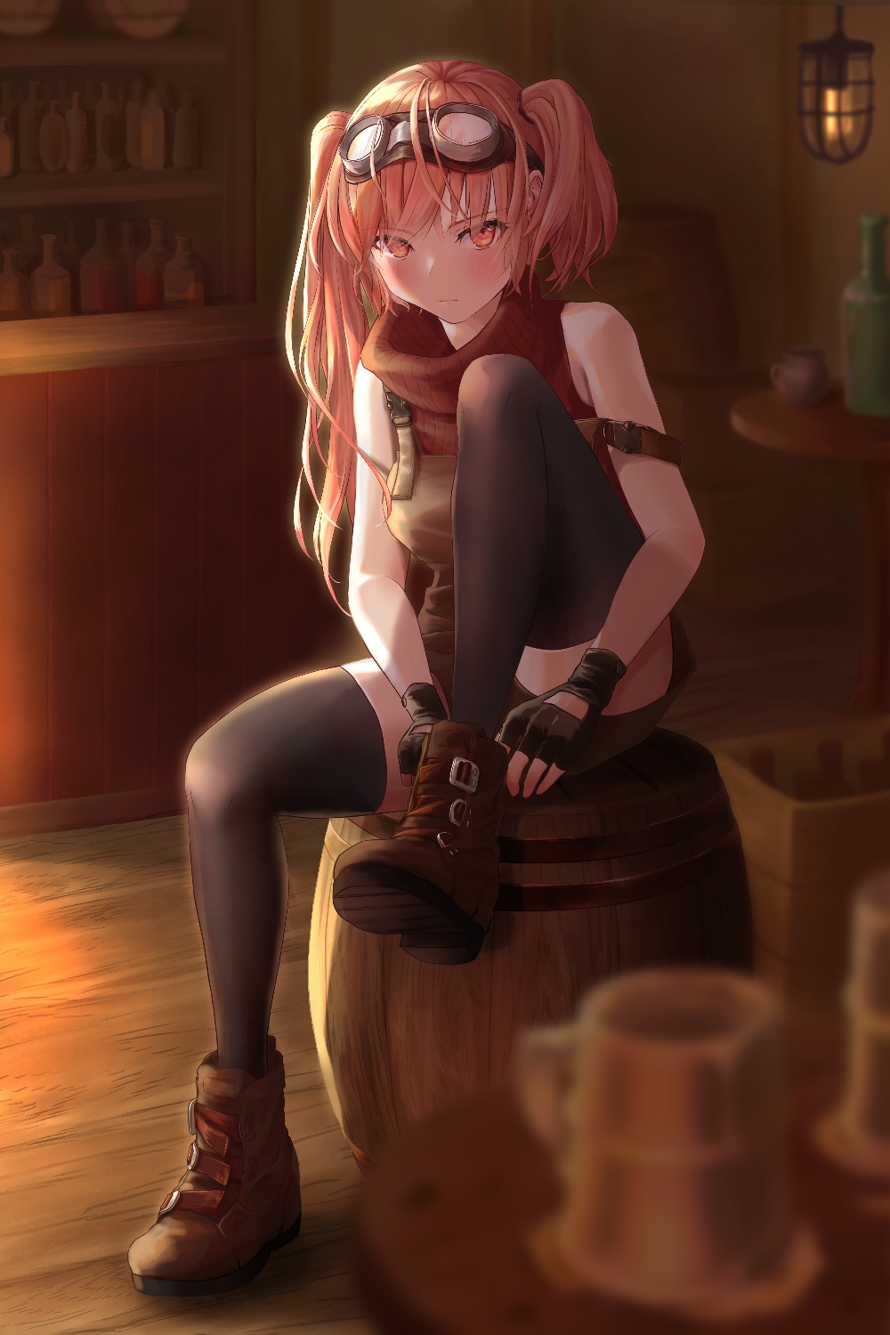 1girl, adjusting_footwear, bangs, bar, bare_shoulders, barrel, black_gloves, black_thighhighs