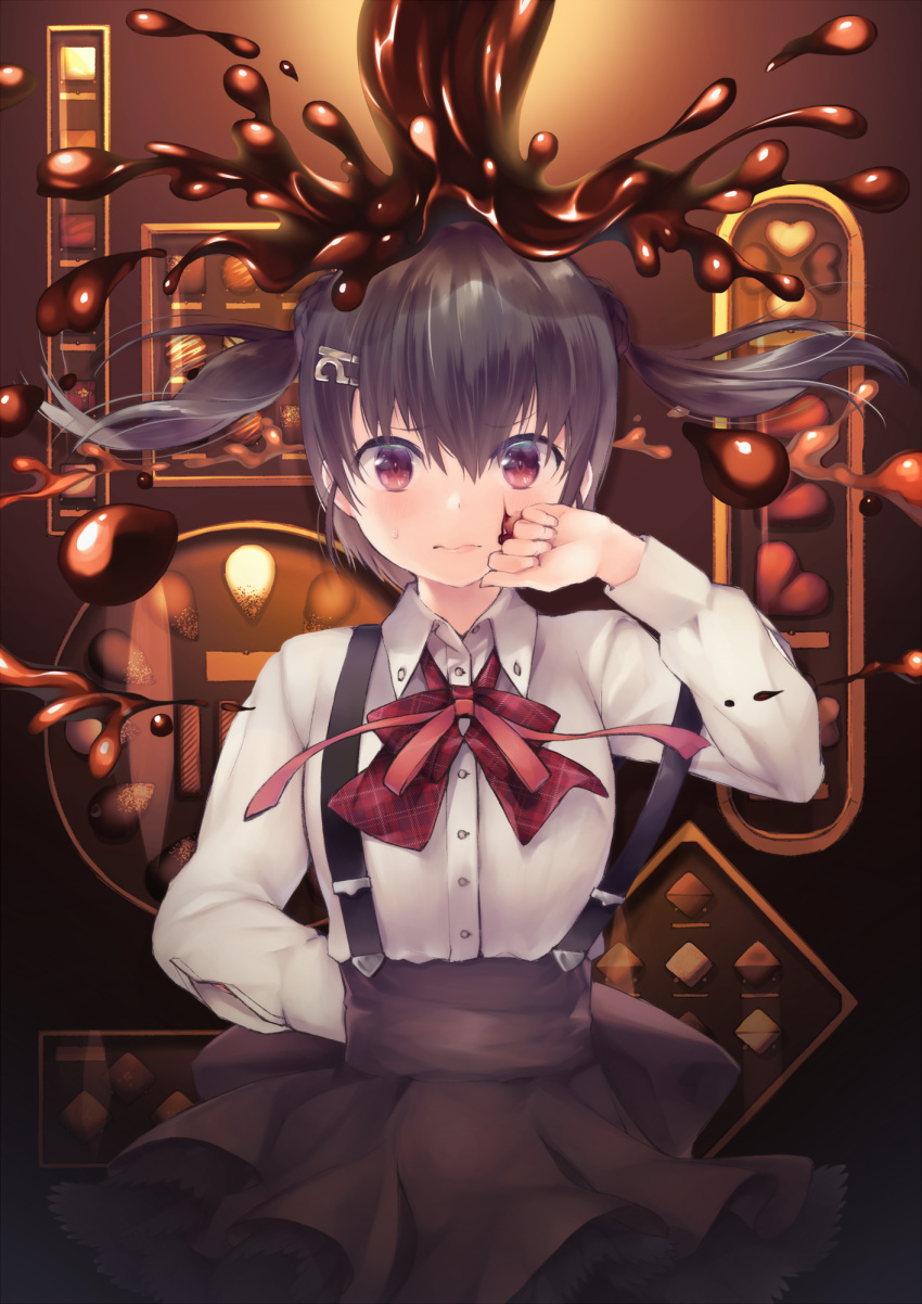 !?, 1girl, arm_behind_back, bangs, black_hair, blush, bow, bowtie, box, box_of_chocolates, chocolate, chocolate_on_face, chocolate_on_head, floating_hair, food, food_on_face, frown, hair_ornament, hand_up, highres, long_hair, long_sleeves, messy, n:go, neck_ribbon, original, plaid, plaid_bow, red_eyes, ribbon, skirt, solo, strap_slip, suspender_skirt, suspenders, sweat, twintails, wiping_face