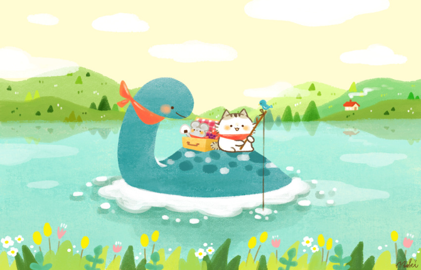 animal, bandana, cat, chara_chara_makiato, dinosaur, fishing, fishing_rod, flower, food, hill, holding, holding_fishing_rod, house, lake, mouse, no_humans, onigiri, original, outdoors, reflection, reflective_water