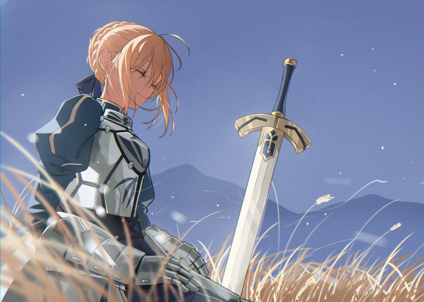 1girl, ahoge, armor, armored_dress, artoria_pendragon_(fate), blonde_hair, blue_dress, closed_eyes, dress, excalibur_(fate/stay_night), fate/stay_night, fate_(series), gauntlets, keya_(user_pnkz5883), planted, planted_sword, saber, smile, sword, weapon, wheat, wind
