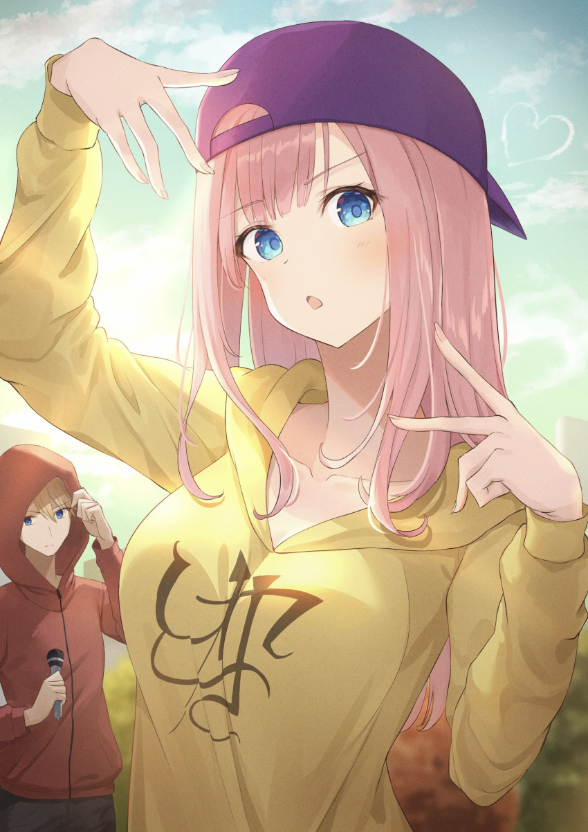 1boy, 1girl, :o, arm_up, backwards_hat, bangs, baseball_cap, blue_eyes