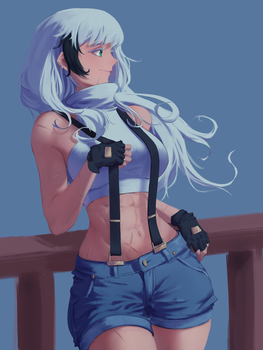 absurdres, adventurequest_worlds, artix_entertainment, black_gloves, breasts, dark_skin, denim, denim_shorts, ear_piercing, fence, gloves, green_eyes, highres, holding, holding_clothes, la_(adventurequest_worlds), large_breasts, long_hair, looking_to_the_side, midriff, navel, ollysketch, one_eye_covered, piercing, scar, scar_on_arm, scar_on_face, scar_on_stomach, shorts, smile, suspenders, turtleneck, white_hair