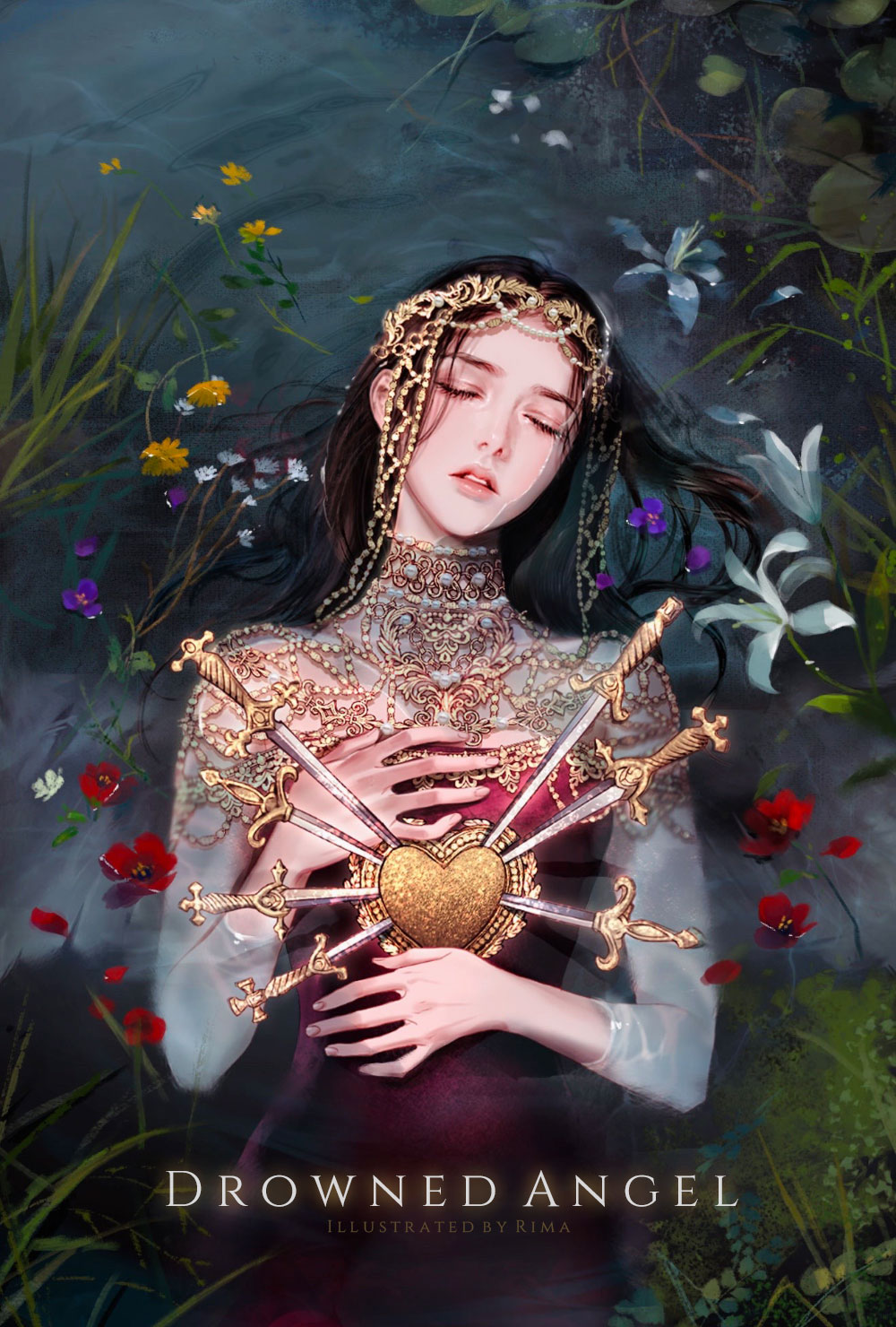 1girl, angel, angel_wings, black_hair, closed_eyes, elpenlit, floating_hair, flower