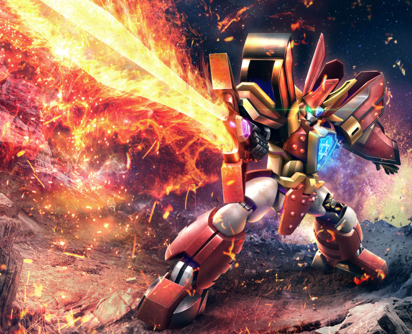 fire, flaming_sword, flaming_weapon, glowing, glowing_eye, granzort, green_eyes, hiropon_(tasogare_no_puu)