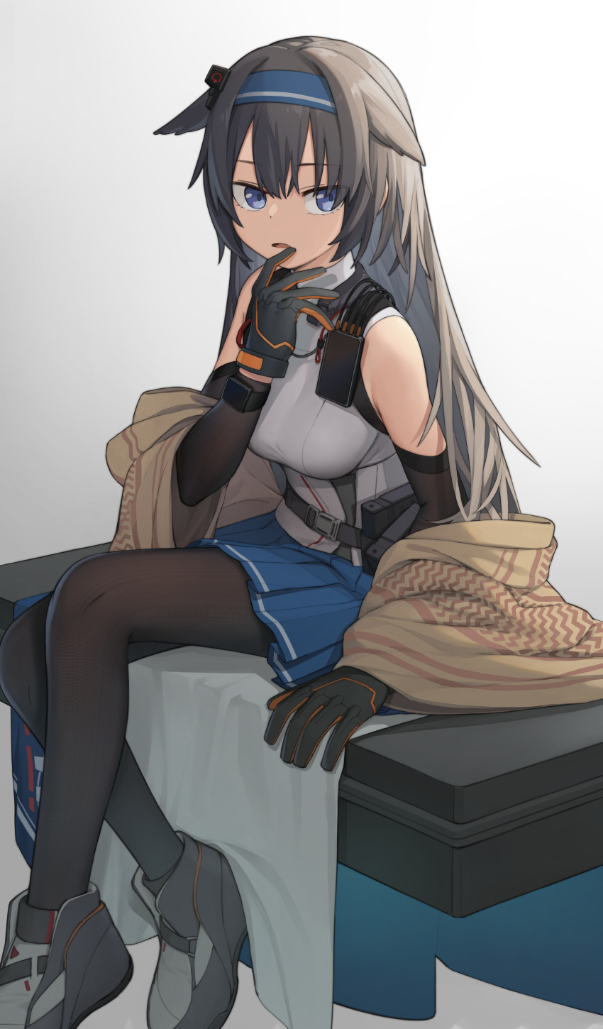 1girl, absurdres, bangs, bare_shoulders, black_hair, blue_eyes, blue_skirt, breasts