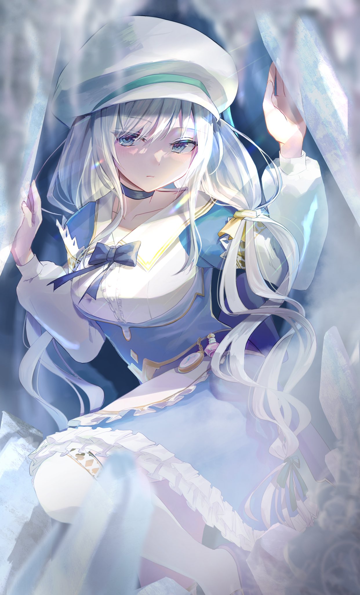 1girl, bangs, black_choker, blurry, blurry_foreground, breasts, choker, closed_mouth