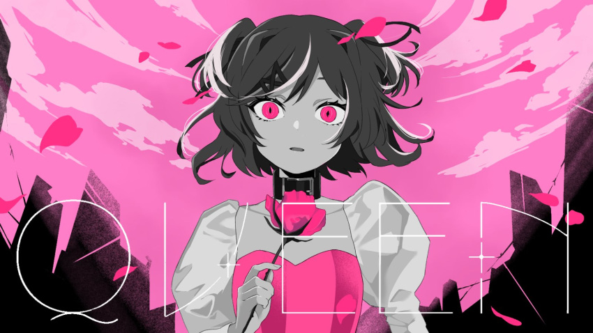 1girl, bangs, belt_collar, collar, diamond-shaped_pupils, diamond_(shape), doki_doki_literature_club, eyebrows_hidden_by_hair, eyelashes, flower, hair_ribbon, highres, holding, holding_flower, juliet_sleeves, limited_palette, long_sleeves, looking_at_viewer, marisaarisu16, natsuki_(doki_doki_literature_club), open_mouth, parody, petals, pink_eyes, puffy_sleeves, queen_(vocaloid), ribbon, rose, short_hair, sky, solo, song_name, swept_bangs, symbol-shaped_pupils, two_side_up, upper_body, wide-eyed, wind
