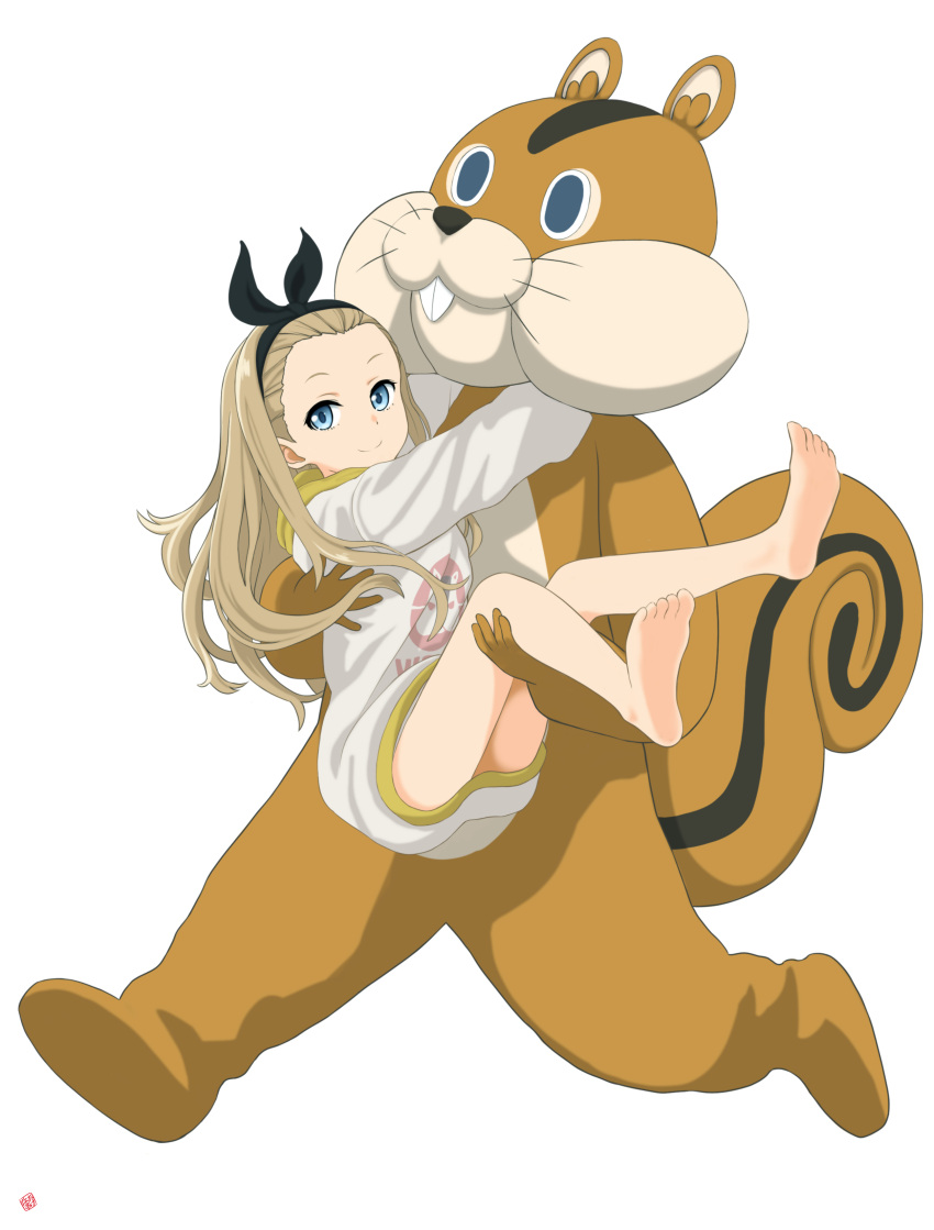 1girl, 1other, absurdres, animal_costume, barefoot, black_ribbon, blonde_hair, blue_eyes, carrying, carrying_person, costume, forehead, hair_ornament, hair_pulled_back, hairband, highres, hood, hoodie, kurumi_(lycoris_recoil), long_hair, long_hoodie, looking_at_viewer, lycoris_recoil, nao_suke, princess_carry, ribbon, running, simple_background, smile, squirrel_costume, white_background, white_hoodie