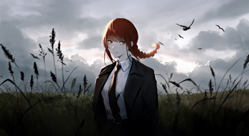 1girl, arms_at_sides, bangs, belt, bird, black_jacket, black_necktie, black_pants