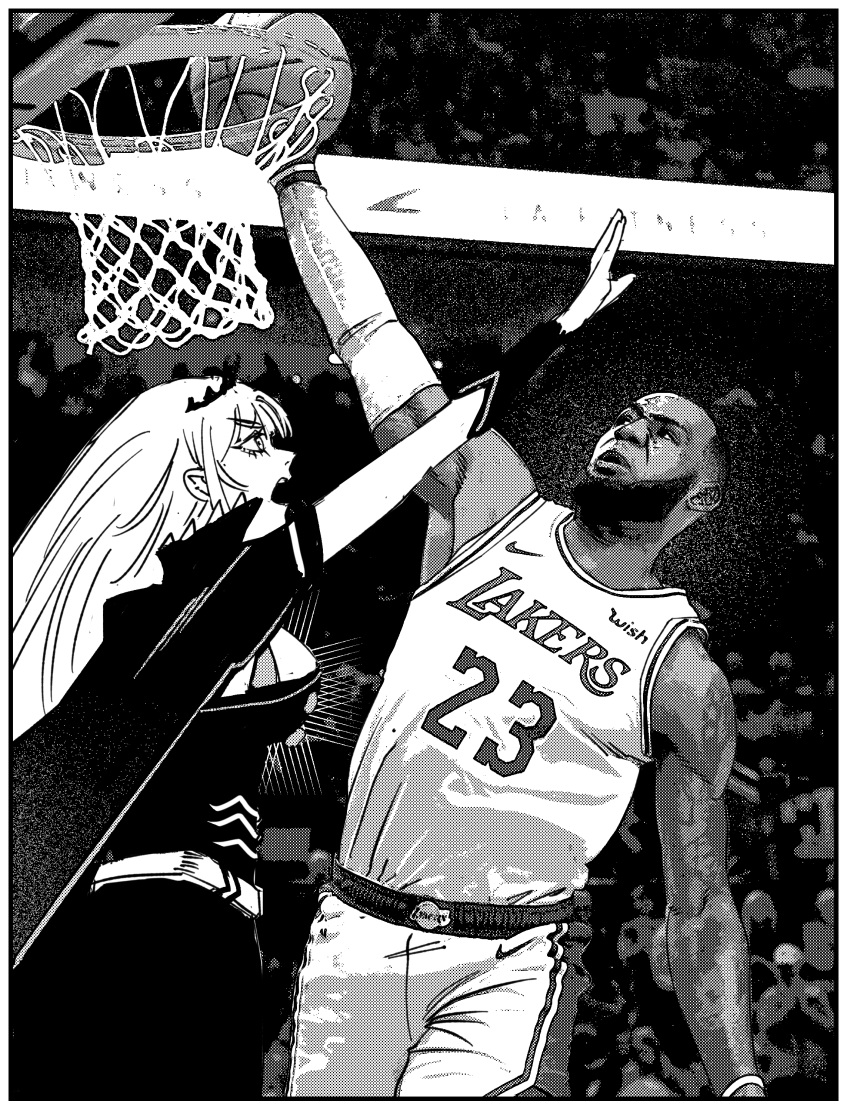 1boy, 1girl, absurdres, arm_up, basketball, basketball_hoop, basketball_uniform, greyscale