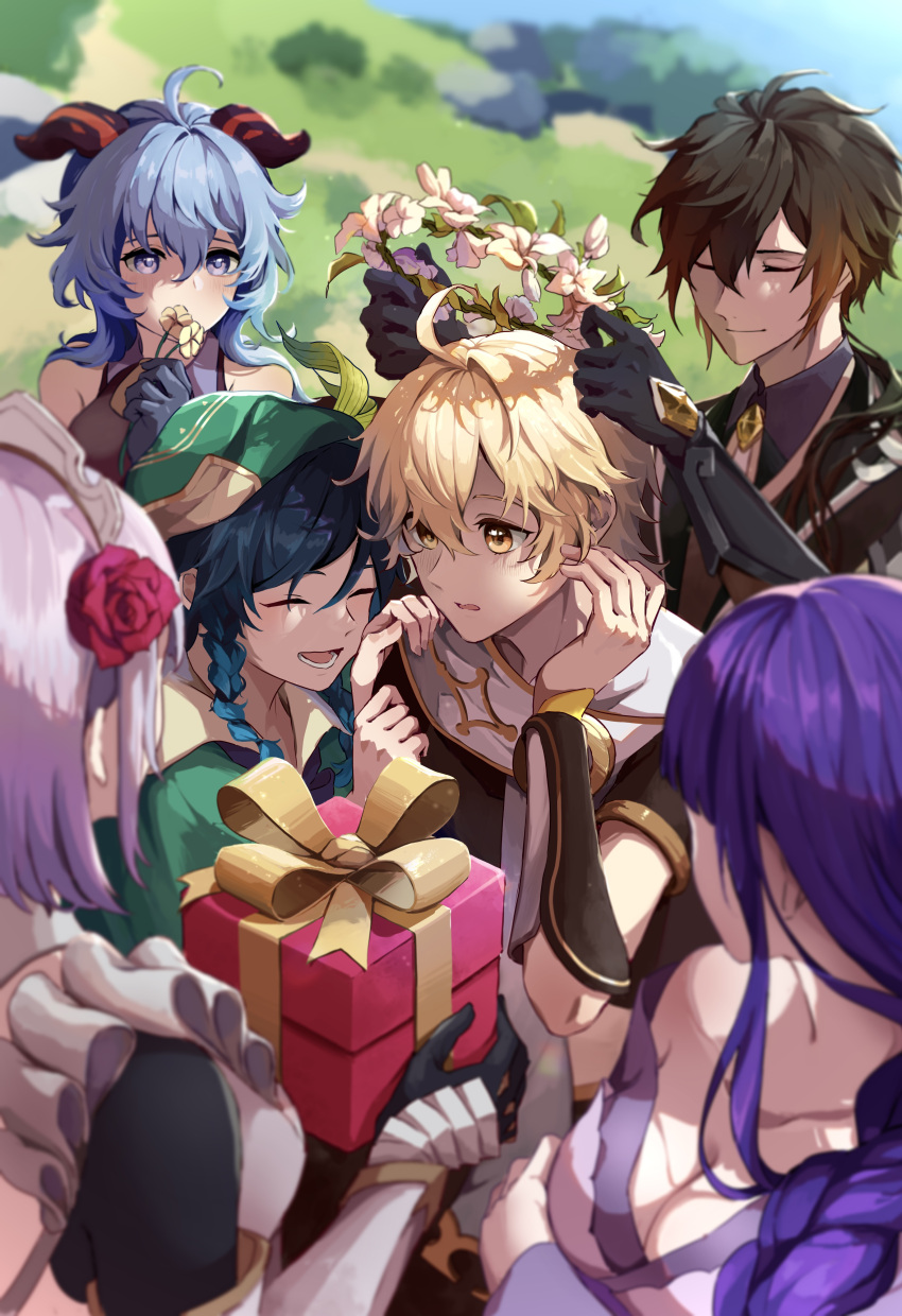 3boys, 3girls, absurdres, aether_(genshin_impact), ahoge, bangs, bell, black_hair