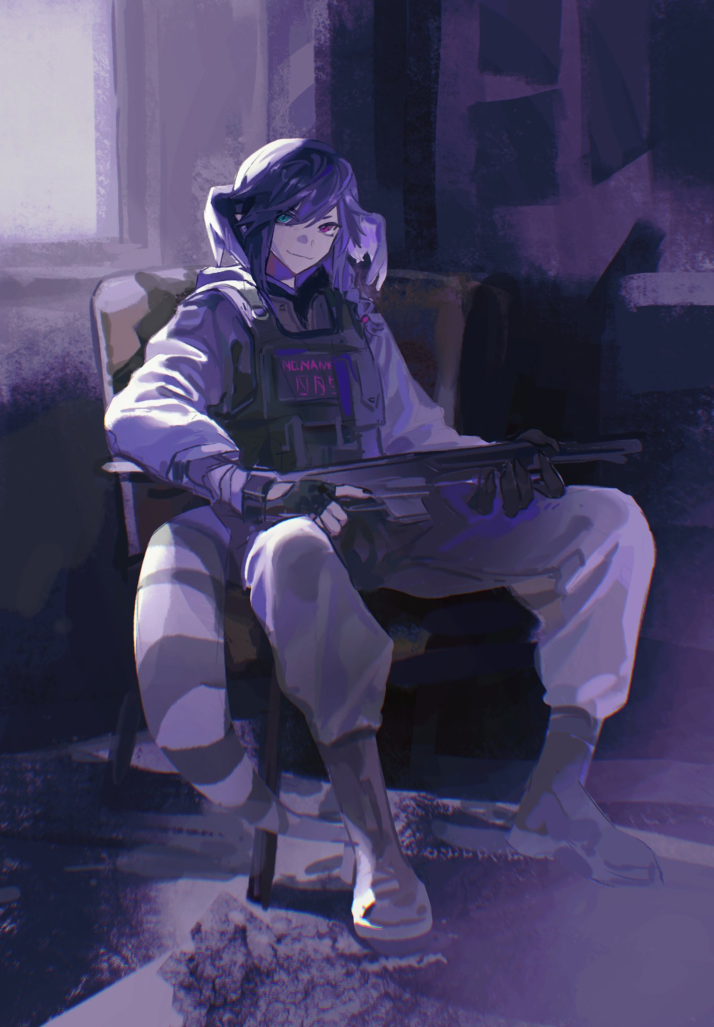 1girl, black_gloves, blue_eyes, braid, bulletproof_vest, clothes_writing, dragon_arm, dragon_tail