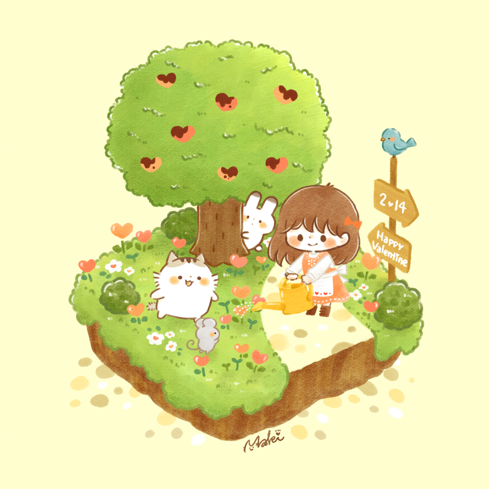 1girl, animal, apron, bangs, blush_stickers, boots, bow, brown_hair, cat, chara_chara_makiato, chibi, diorama, direction_board, dress, grass, hair_bow, happy_valentine, heart, holding, holding_watering_can, long_hair, mouse, original, path, pinafore_dress, rabbit, sign, signpost, smile, tree, watering_can