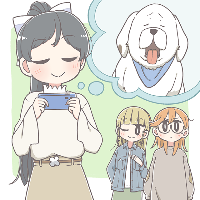 3girls, belt, black_hair, blonde_hair, blue_shirt, bow, brown_belt, brown_skirt