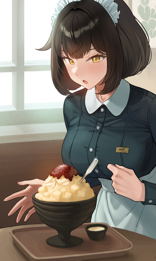 1girl, :o, apron, banned_artist, breasts, brown_hair, dated_commentary, food, indoors, jagaimo_(kkamja), large_breasts, looking_at_viewer, maid, maid_headdress, mia_(jagaimo_(kkamja)), open_mouth, original, short_hair, solo, spoon, white_apron, window, yellow_eyes