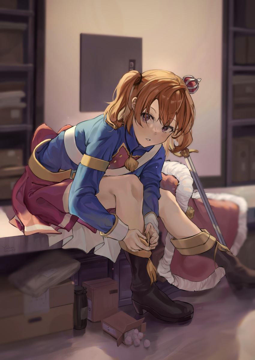 1girl, absurdres, adjusting_clothes, adjusting_footwear, aijou_karen, artist_name, back_bow, bangs