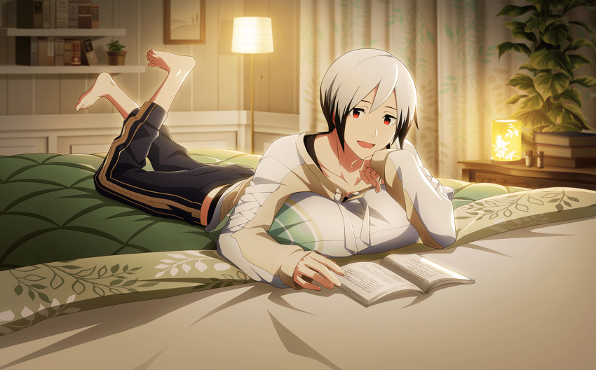 1boy, barefoot, bed, bed_sheet, bedroom, black_hair, book, curtains, fingernails, hair_between_eyes, highres, idolmaster, idolmaster_side-m, kitamura_sora, lamp, long_sleeves, looking_at_viewer, male_focus, midriff_peek, multicolored_hair, official_art, open_mouth, pajamas, pants, pillow, plant, print_bed_sheet, print_curtains, red_eyes, striped, striped_pants, toenails, toes, white_hair