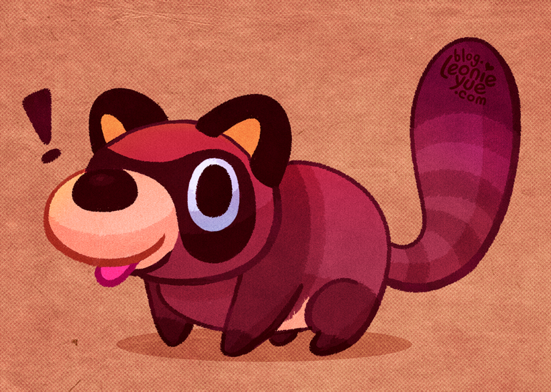 !, animal, animal_focus, brown_background, commentary, crossy_road, japan, leonieyue, no_humans, shadow, simple_background, solid_circle_pupils, tail_raised, tanuki, tanuki_(crossy_road), tongue, tongue_out, web_address