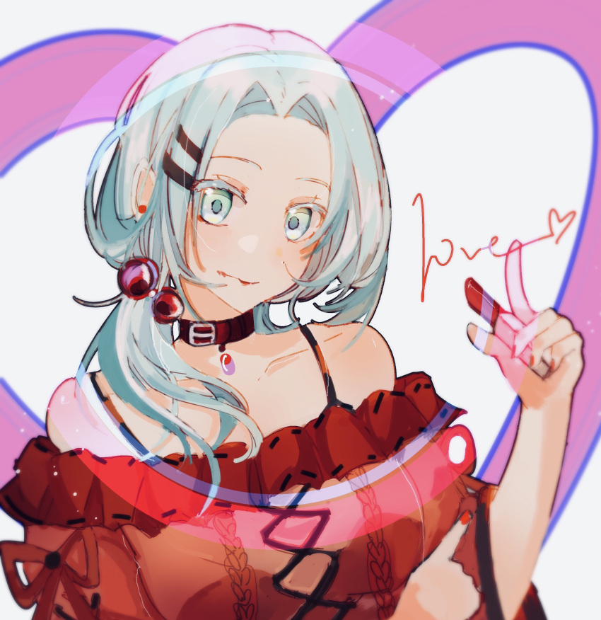 1girl, absurdres, aqua_pupils, bangs, bare_shoulders, belt_buckle, belt_collar, black_camisole