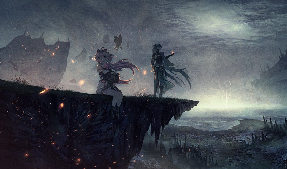 1boy, 1girl, ahoge, cliff, draws_sticks, dress, embers, grass, holding, holding_toy, long_hair, ocean, on_ground, outdoors, ponytail, shoes, socks, standing, toy, wuthering_waves