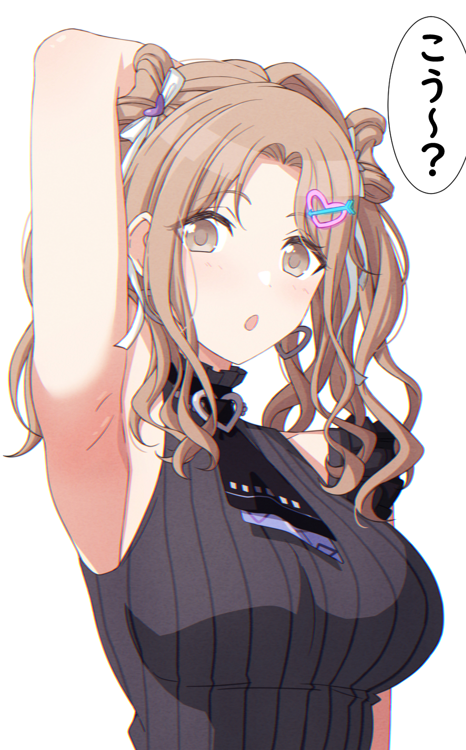 1girl, arimon_(dfrgty12), arm_up, armpits, bare_arms, brown_eyes, brown_hair, commentary_request, hair_ornament, hair_ribbon, hairclip, highres, ichikawa_hinana, idolmaster, idolmaster_shiny_colors, long_hair, looking_at_viewer, ribbon, shirt, sleeveless, sleeveless_shirt, solo, translation_request, two_side_up, upper_body, white_background